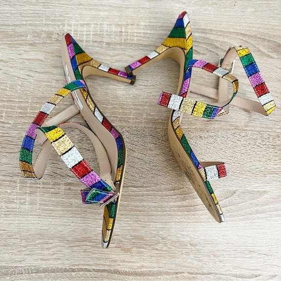Nina Vanna Ankle Strap Evening Sandals Heels Rainbow Stripe Formal Size 8.5 - Picture 5 of 9